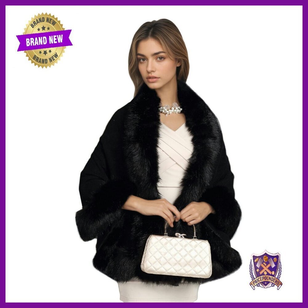 Luxury Faux Fur Shawl Wrap Women's Sleeveless Cape Cashmere Wool Blend